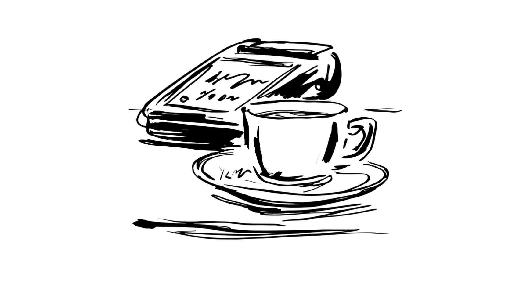 An ink drawing of a card terminal beside a cup of coffee on a saucer